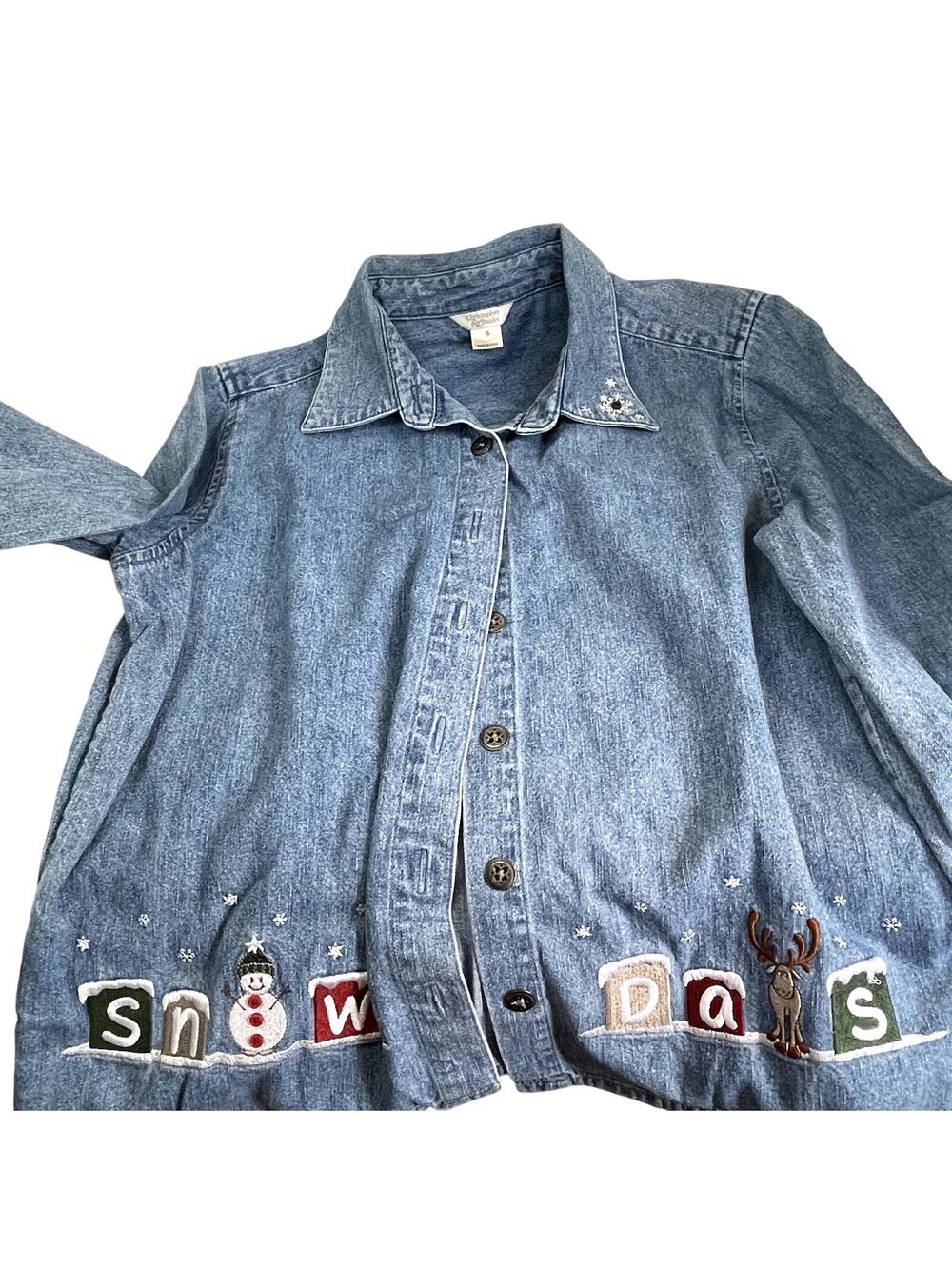 Vintage Christopher & Banks Small Denim Shirt Jacket Snow Days Snowman